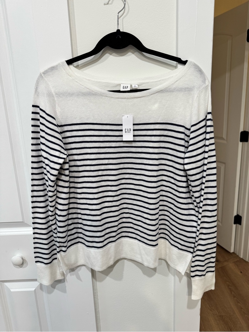 GAP White and Navy Striped Boatneck Long Sleeve Top